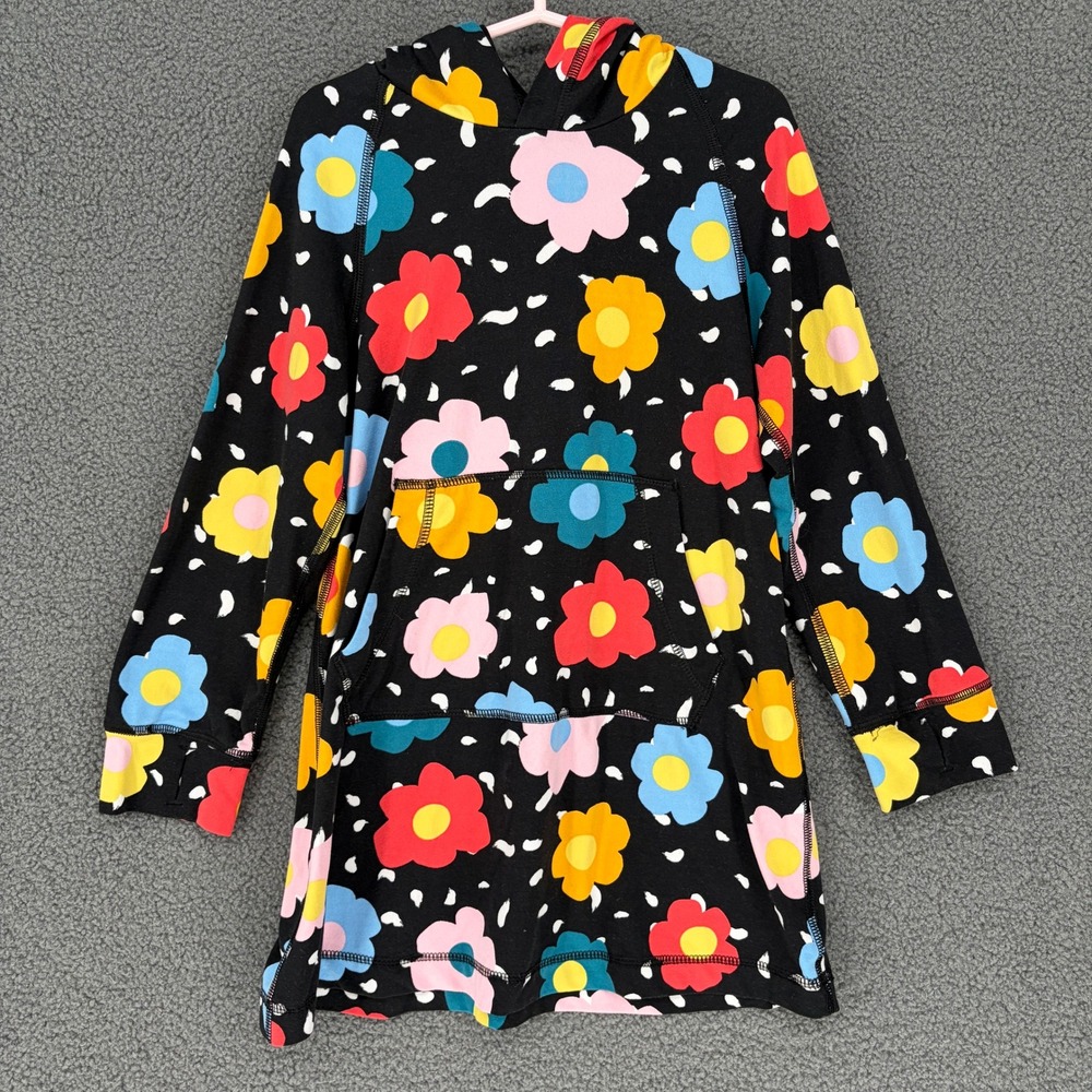 Hanna Andersson Girls Black Floral Hoodie Dress Long Sleeve Active Size 4 100cm